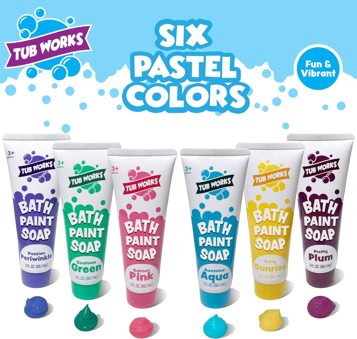 Doodlations Coffee Bar & Boutique Tub Works bath paint soap set featuring six pastel tubes for creative bath play.