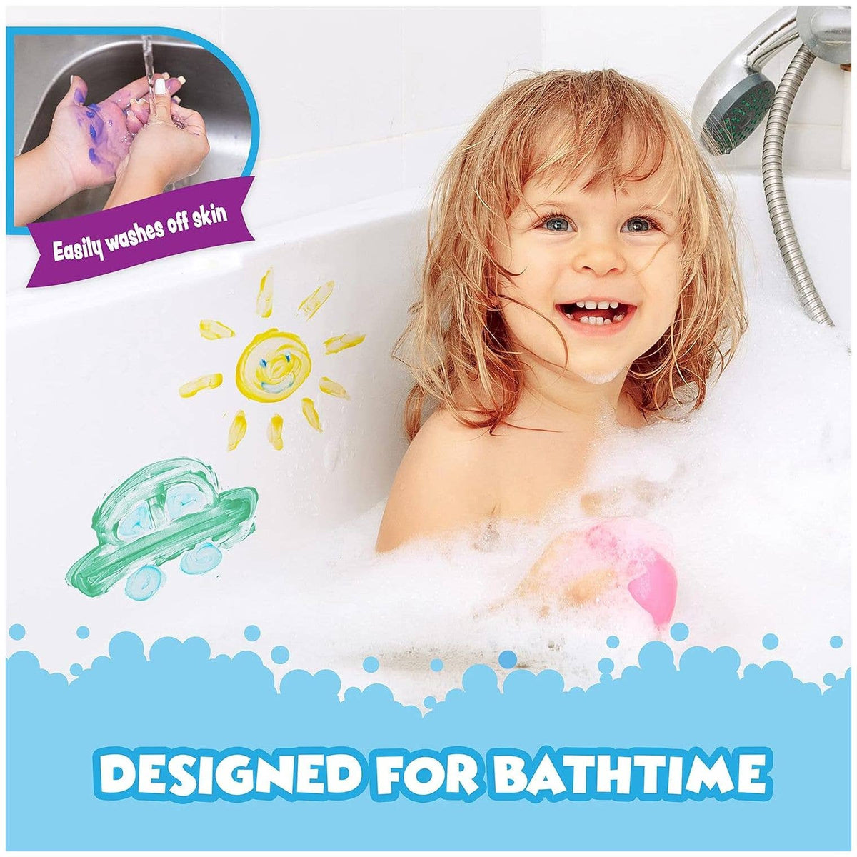 Doodlations Coffee Bar & Boutique Tub Works bath paint soap used by a happy child to draw on bathtub walls