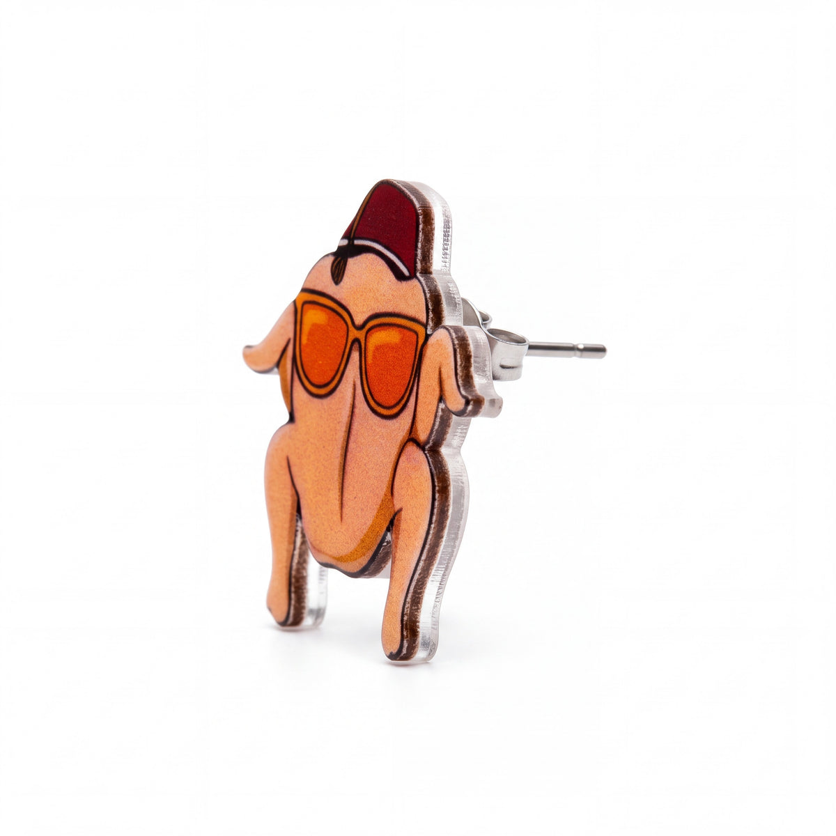 Doodlations Coffee Bar & Boutique Friends turkey stud earrings with sunglasses and a fez hat on a white background