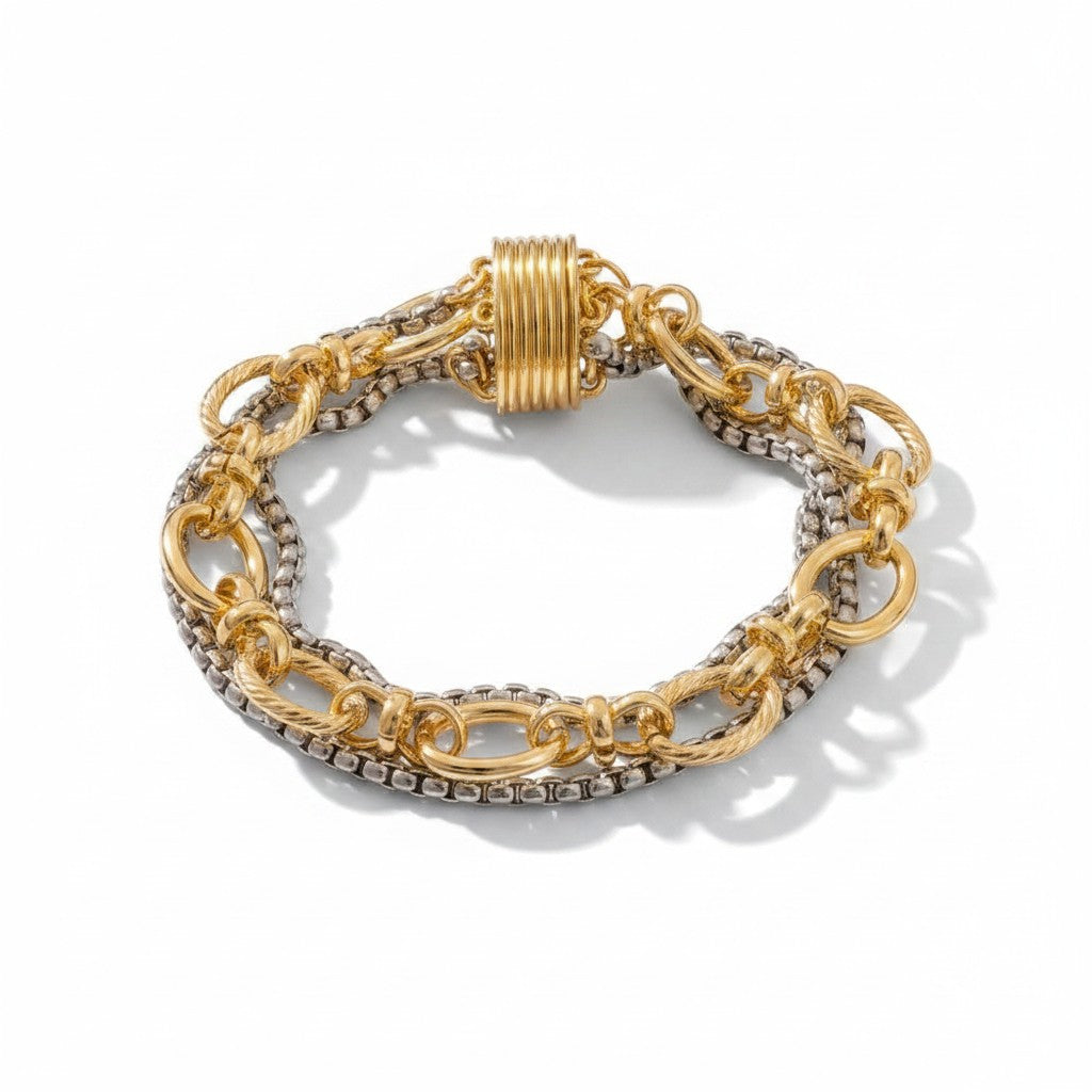 Doodlations Coffee Bar & Boutique two-tone multi-strand chain bracelet with gold and silver links and magnetic clasp.