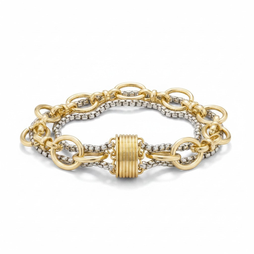 Doodlations Coffee Bar & Boutique two-tone multi-strand chain bracelet with gold and silver links and magnetic clasp