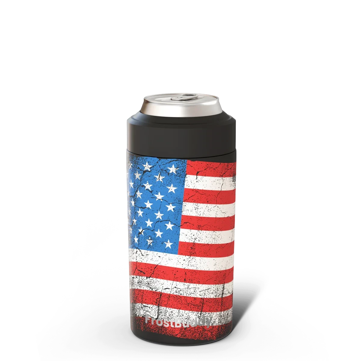 Doodlations Coffee Bar & Boutique Universal Buddy can cooler with distressed American flag design.
