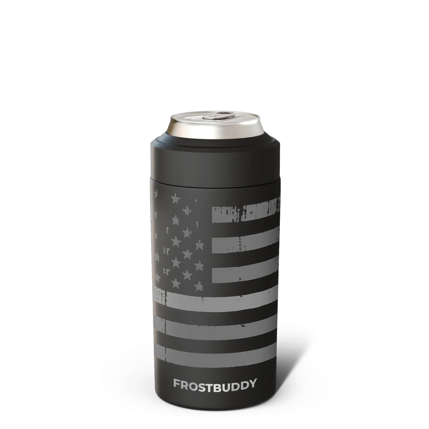 Doodlations Coffee Bar & Boutique Frost Buddy Universal Buddy can cooler with distressed American flag design.