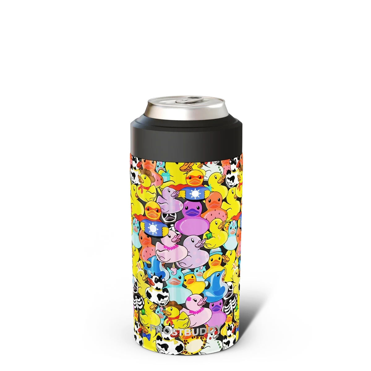 Doodlations Coffee Bar & Boutique Universal Buddy can cooler with a colorful rubber ducky pattern. Fits all 12oz and 16oz cans and bottles.