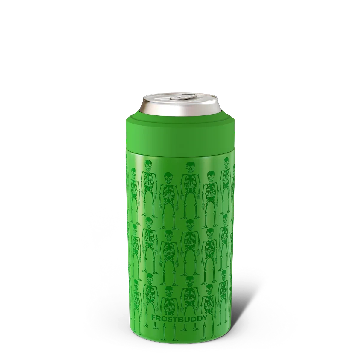 Doodlations Coffee Bar & Boutique green universal can cooler with a repeating skeleton pattern.