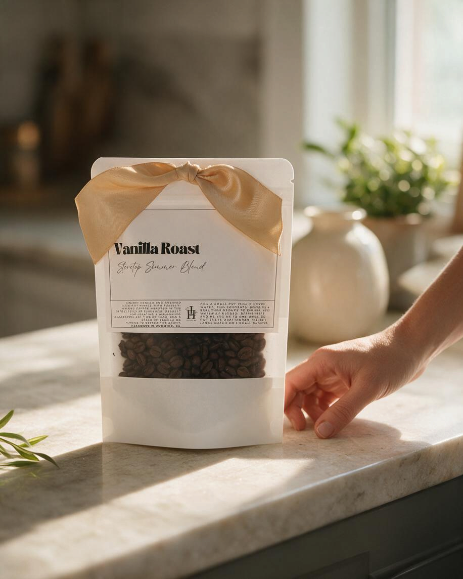 Doodlations Coffee Bar & Boutique Vanilla Roast stovetop simmer blend in a clear pouch with a gold ribbon