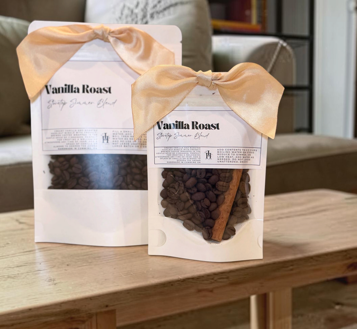 Doodlations Coffee Bar & Boutique Vanilla Roast stovetop simmer blend bags with coffee beans and cinnamon sticks.