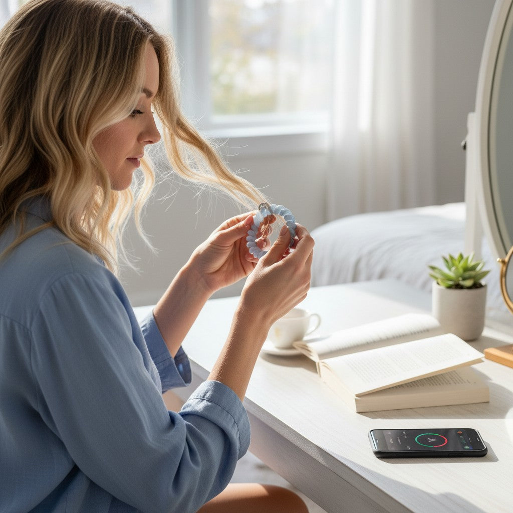 Woman holding a Doodlations Coffee Bar & Boutique washed denim hair tie while sitting at a bright vanity table.