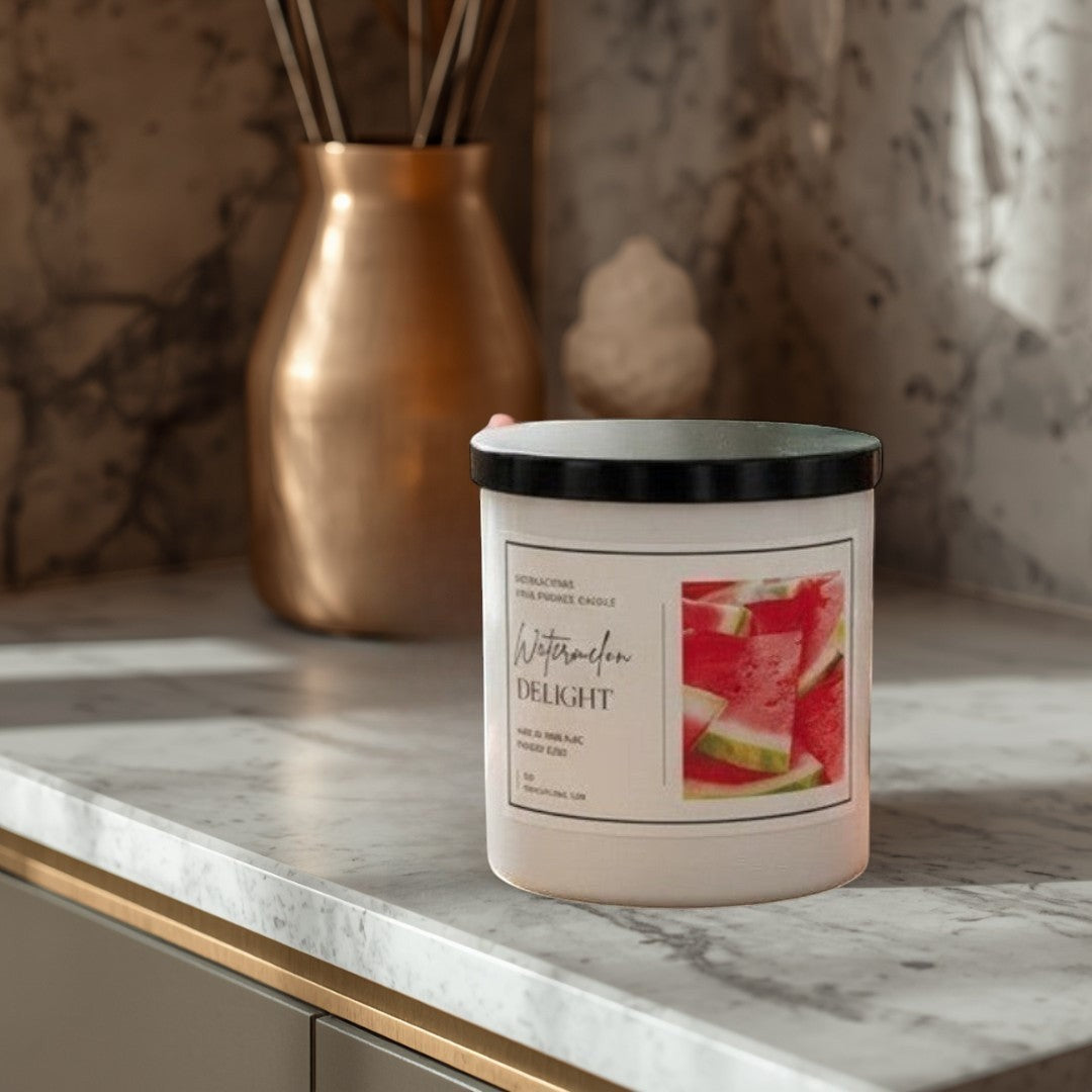 Doodlations Coffee Bar & Boutique Watermelon Delight luxury soy blend candle with a fresh watermelon scent.