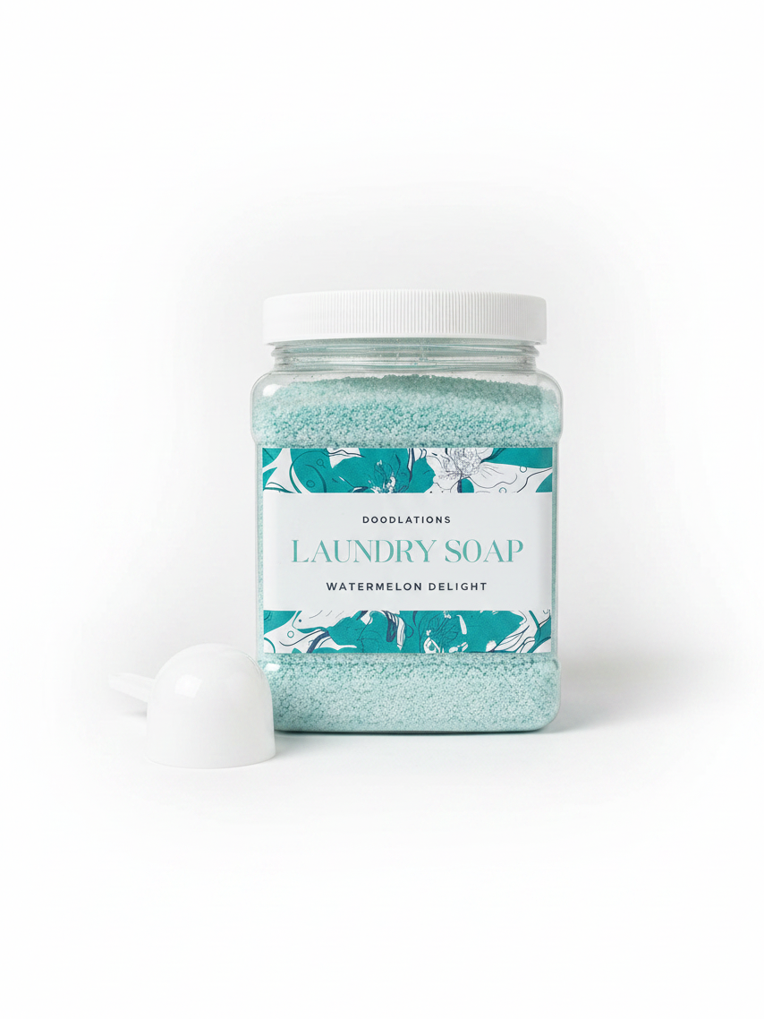 Doodlations Coffee Bar & Boutique Watermelon Delight luxury laundry detergent powder in a clear jar with a white scoop.