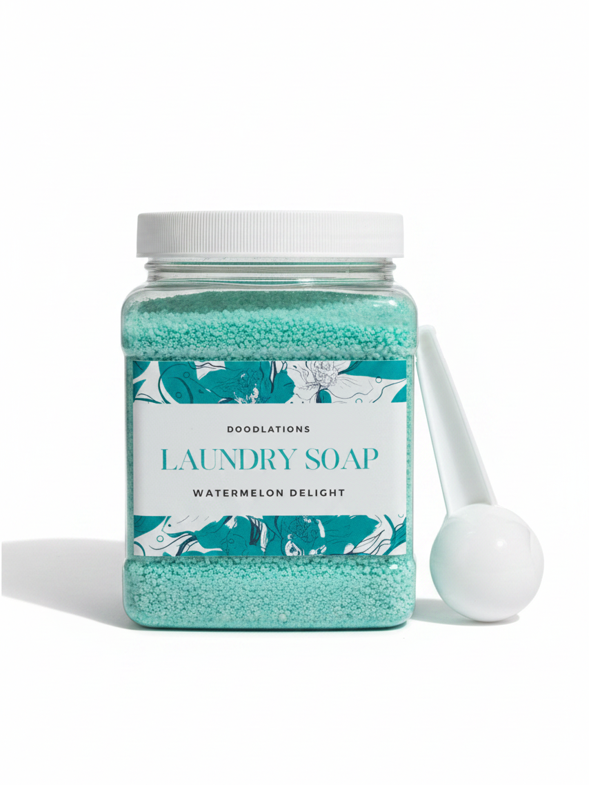 Doodlations Coffee Bar & Boutique Watermelon Delight luxury laundry powder in a clear jar with a white measuring scoop