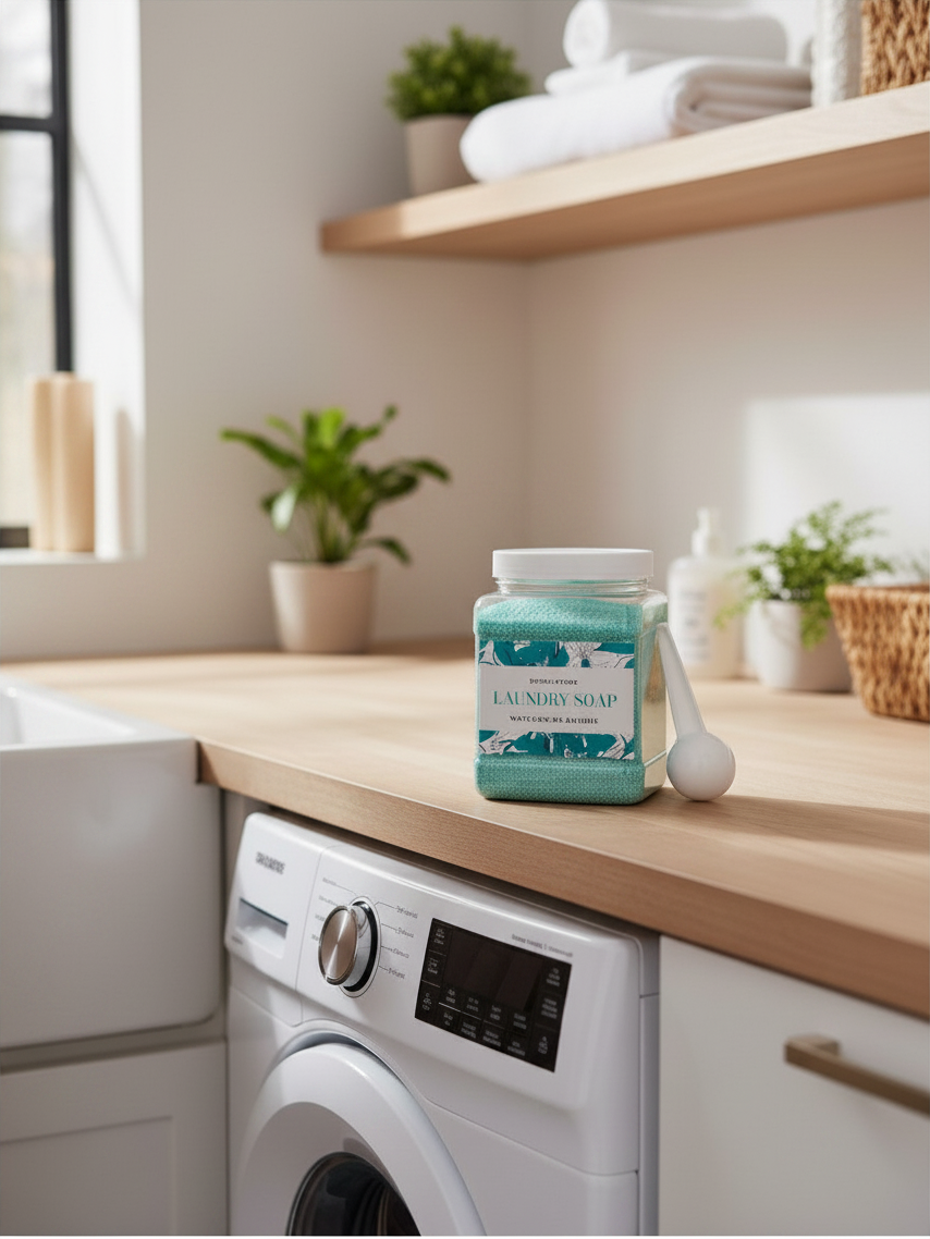Doodlations Coffee Bar & Boutique Watermelon Delight laundry powder in a clear jar with scoop on a wooden counter.