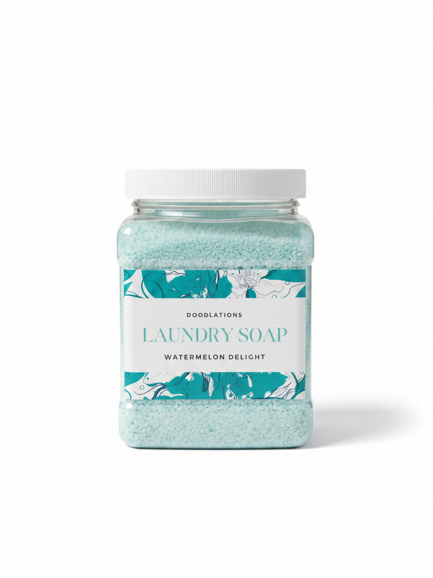 Doodlations Coffee Bar & Boutique Watermelon Delight luxury laundry powder in a clear square jar with teal label.
