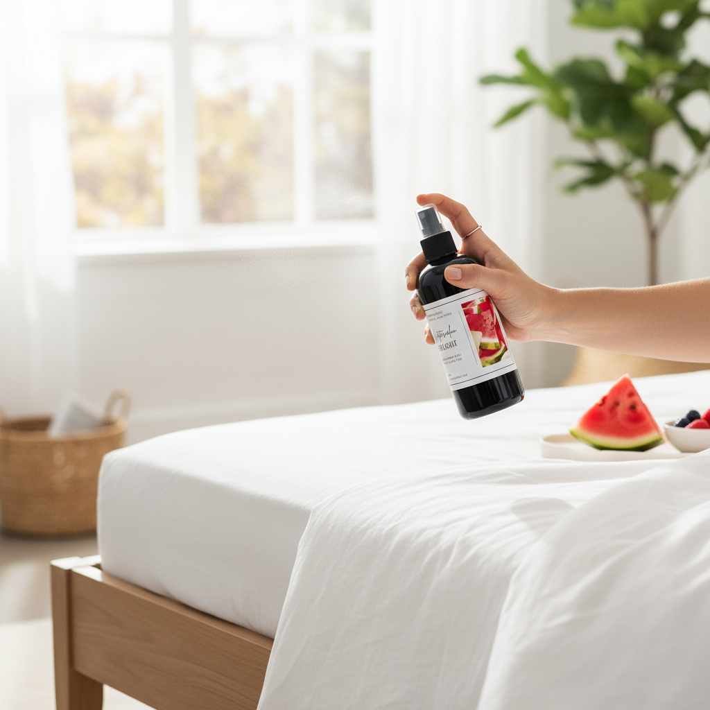 Hand spraying Doodlations Coffee Bar & Boutique Watermelon Delight room and linen spray over a white bed in a bedroom.