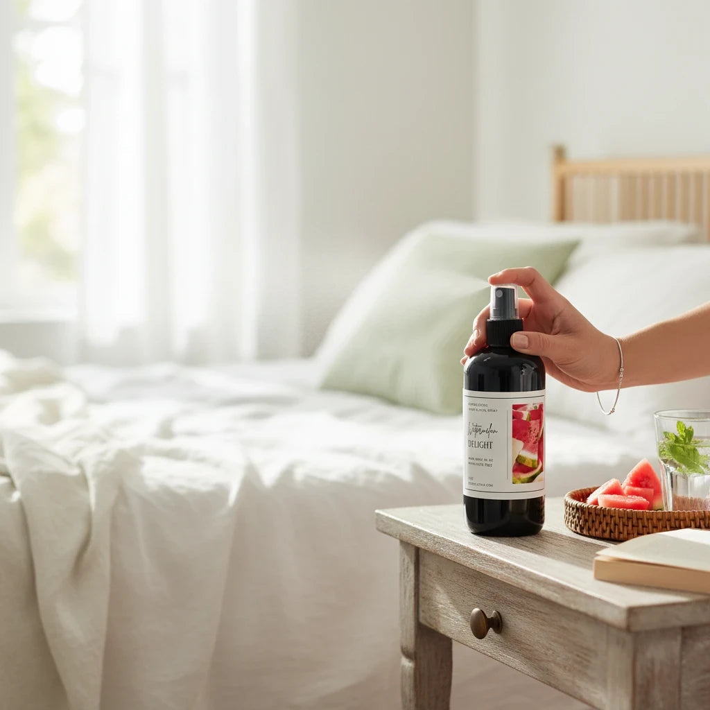 Doodlations Coffee Bar & Boutique Watermelon Delight room and linen spray bottle being used in a bright bedroom.