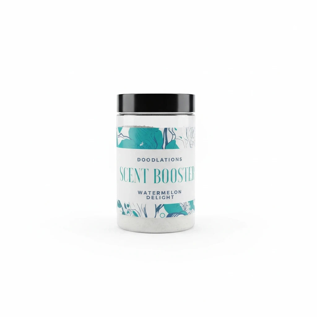 Doodlations Coffee Bar & Boutique Watermelon Delight laundry scent booster in a clear jar with a black lid.