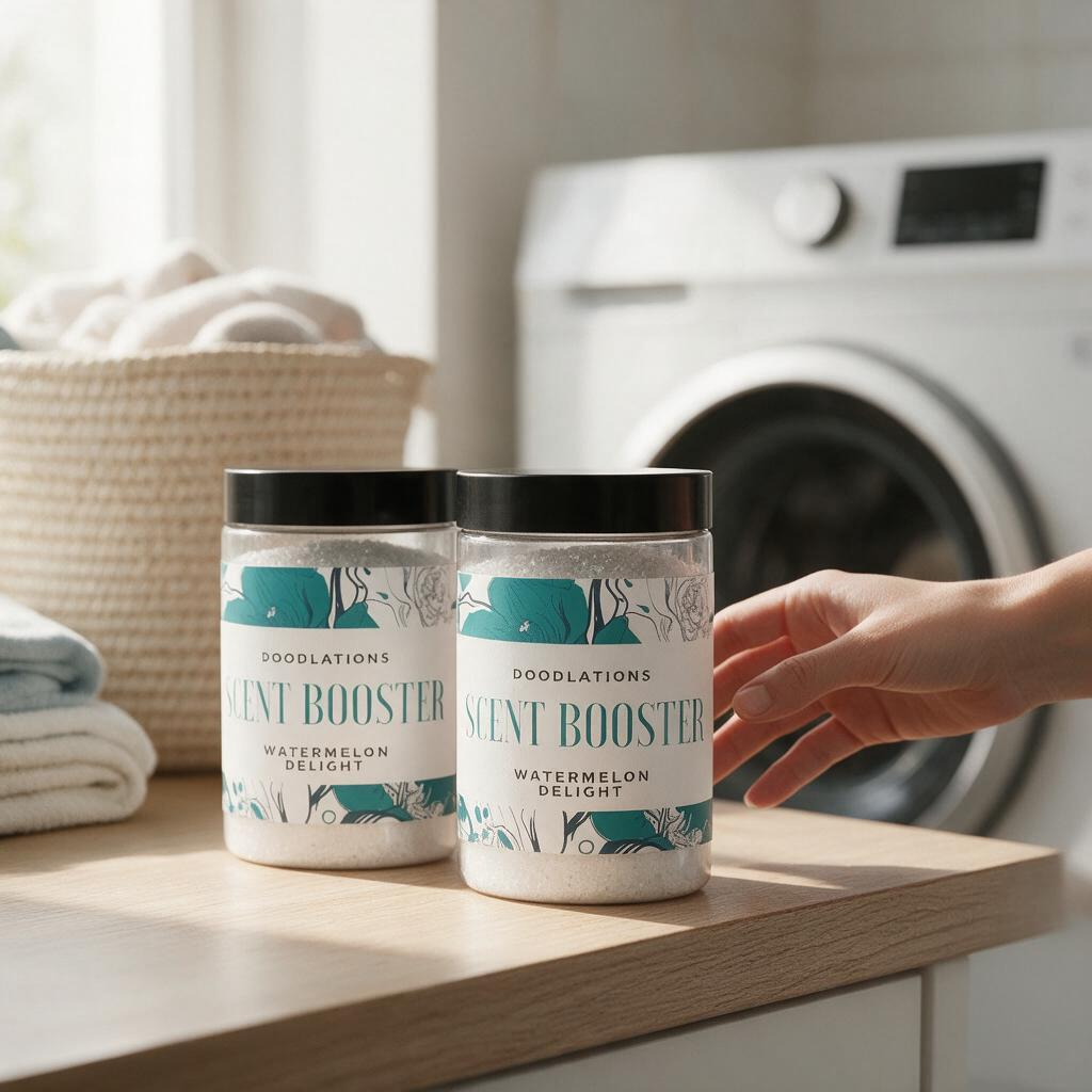 Two jars of Doodlations Coffee Bar & Boutique Watermelon Delight laundry scent booster on a laundry room counter.