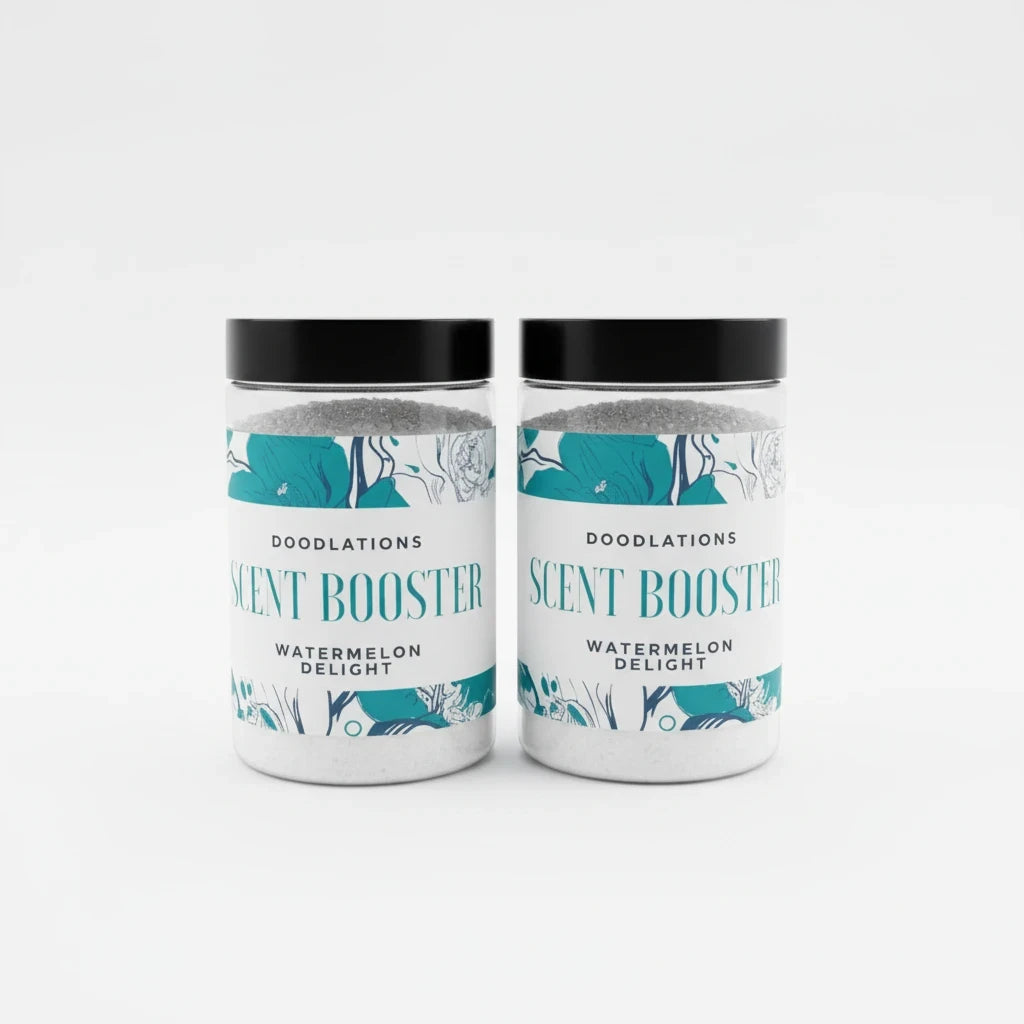 Two jars of Doodlations Coffee Bar & Boutique Watermelon Delight laundry scent booster with teal floral labels.