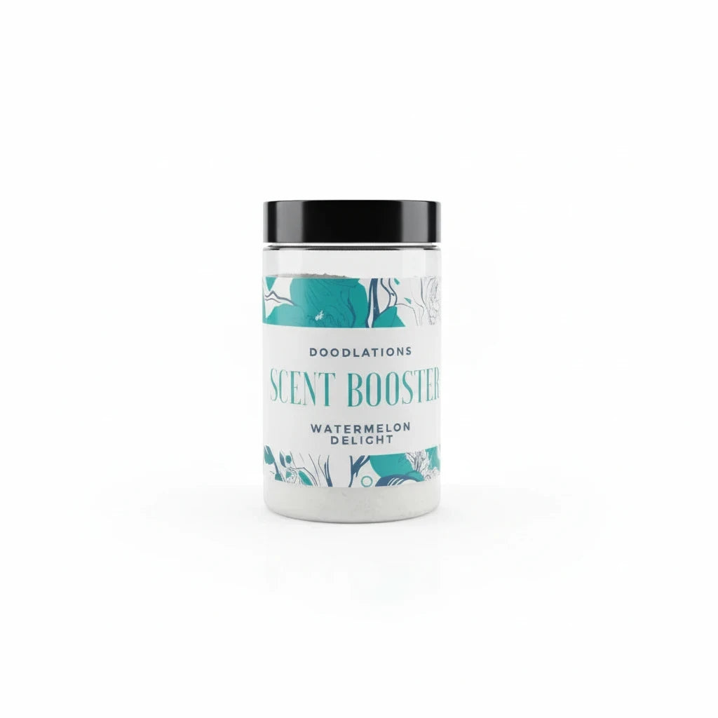 Doodlations Coffee Bar & Boutique Watermelon Delight laundry scent booster in a clear jar with a black lid.