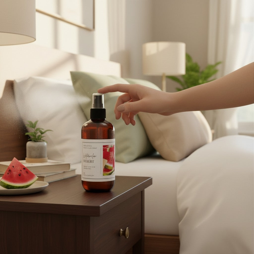 Doodlations Coffee Bar & Boutique Watermelon Delight room and linen spray bottle being used in a cozy bedroom setting.