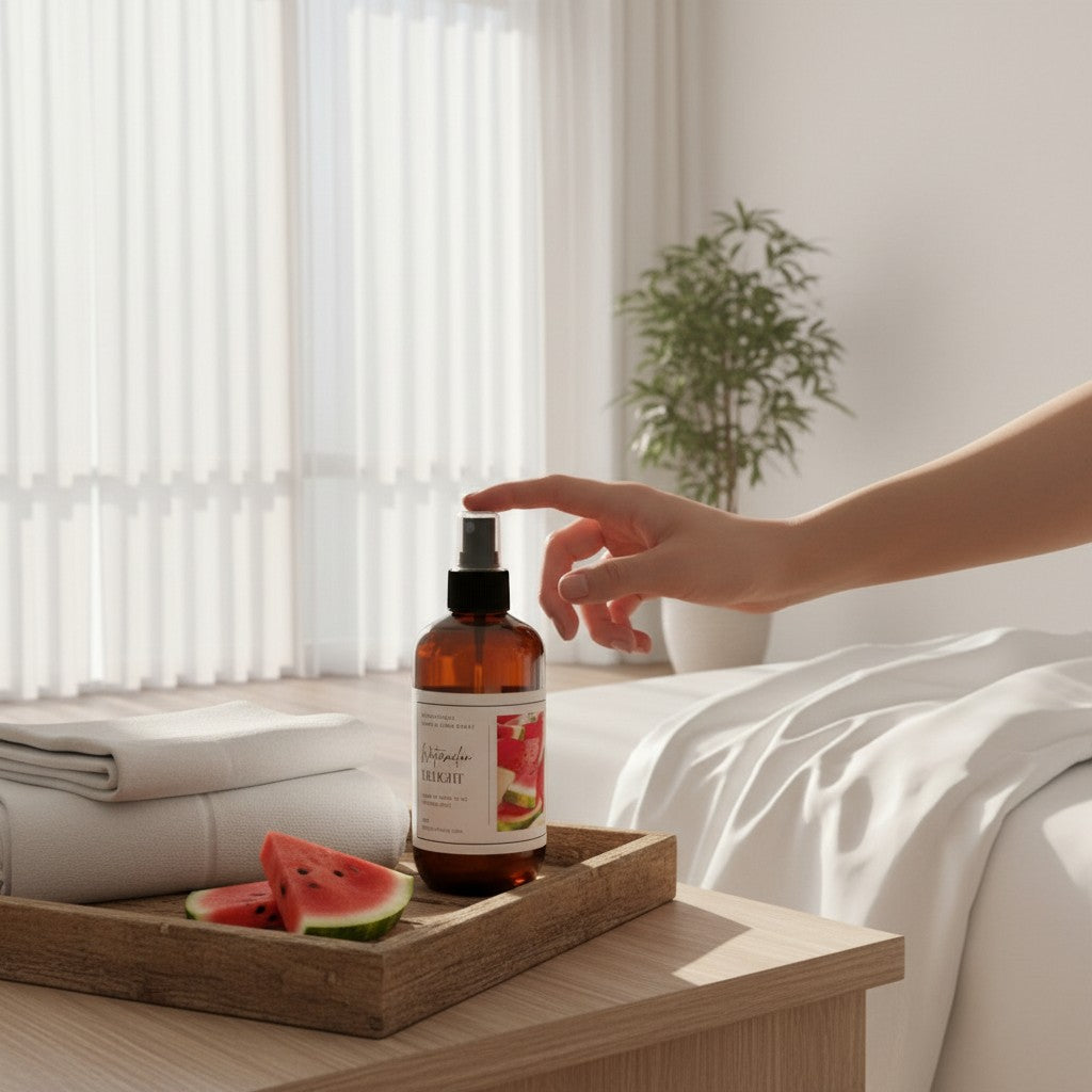 Doodlations Coffee Bar & Boutique Watermelon Delight room and linen spray bottle on a wooden tray with fresh watermelon.