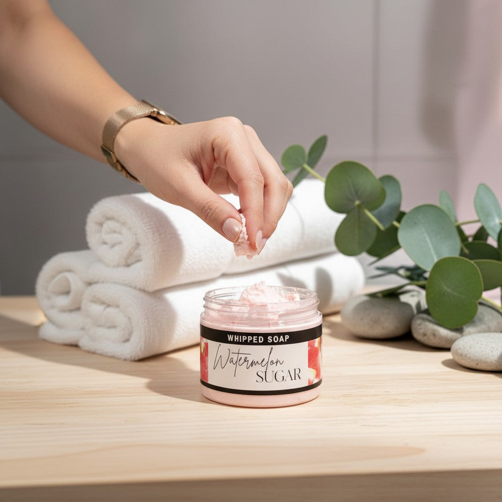 Doodlations Coffee Bar & Boutique Watermelon Sugar whipped soap in a jar with a hand scooping the fluffy pink product.