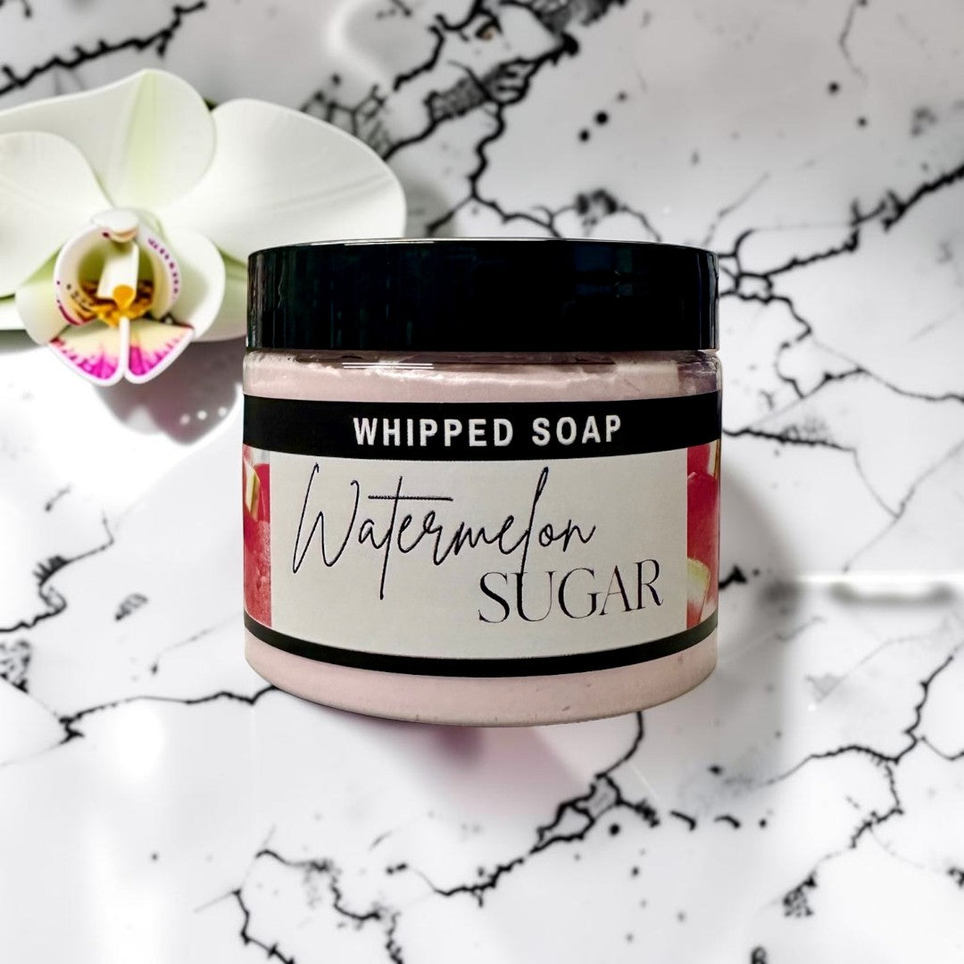 Doodlations Coffee Bar & Boutique Watermelon Sugar whipped soap in a 4 oz jar with a black lid and fruity label.