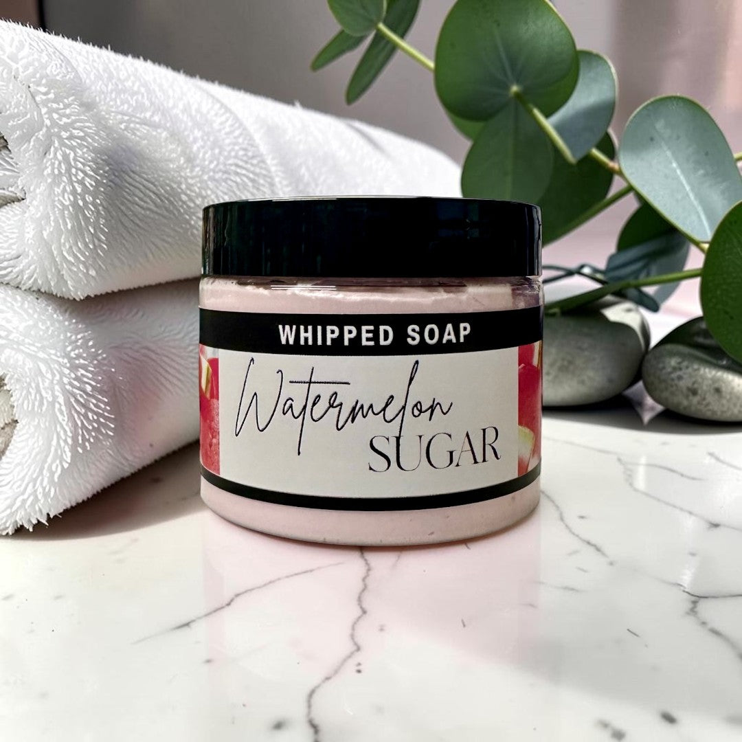 Doodlations Coffee Bar & Boutique Watermelon Sugar whipped soap in a 4 oz jar with a black lid and fruity label.
