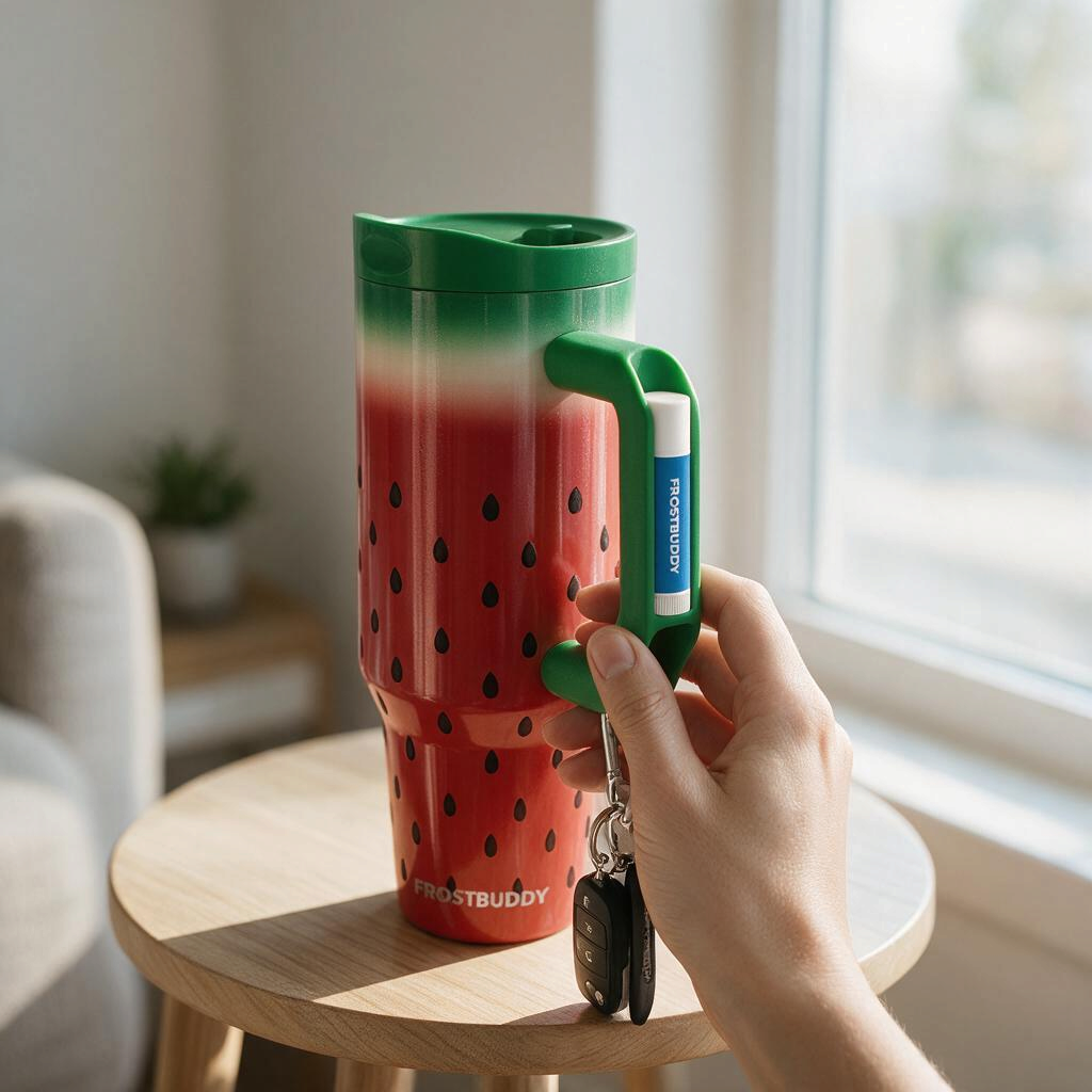 Doodlations Coffee Bar & Boutique 40oz Frost Buddy Thicc Buddy tumbler with a watermelon print and green handle