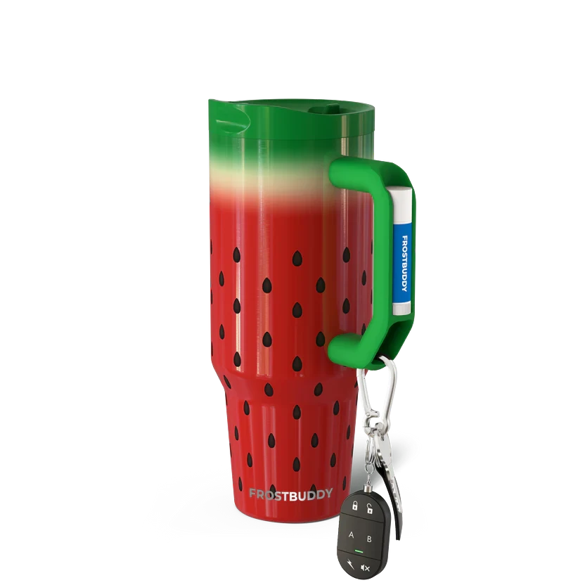 Doodlations Coffee Bar & Boutique 40oz Frost Buddy Thicc Buddy tumbler with a red and green watermelon print design.