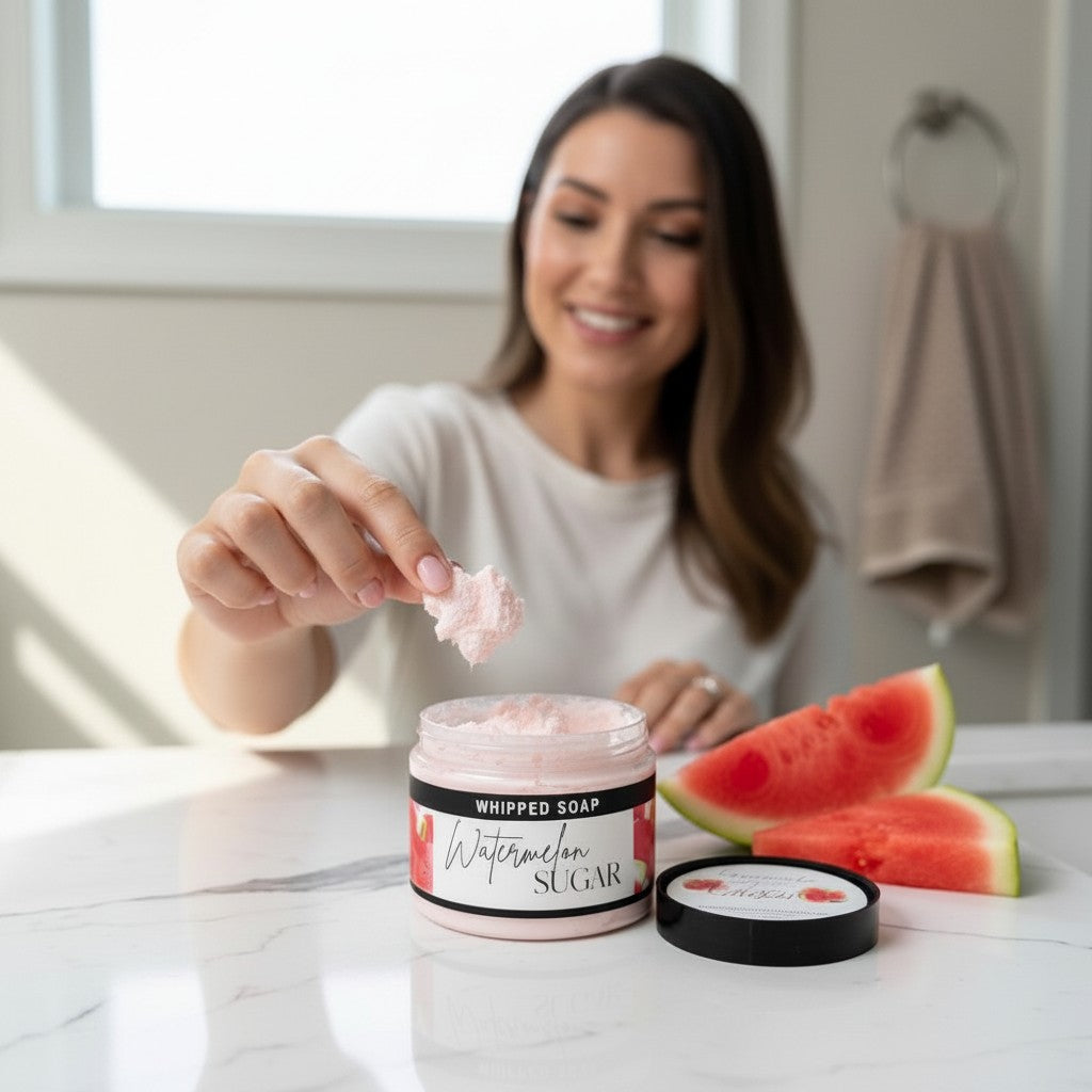 Woman scooping pink Doodlations Coffee Bar & Boutique Watermelon Sugar whipped soap from a jar with fresh watermelon