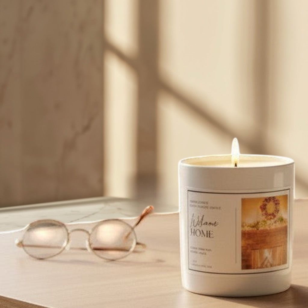 Doodlations Coffee Bar & Boutique Welcome Home luxury soy blend candle with a warm cinnamon, clove, orange, and vanilla scent.