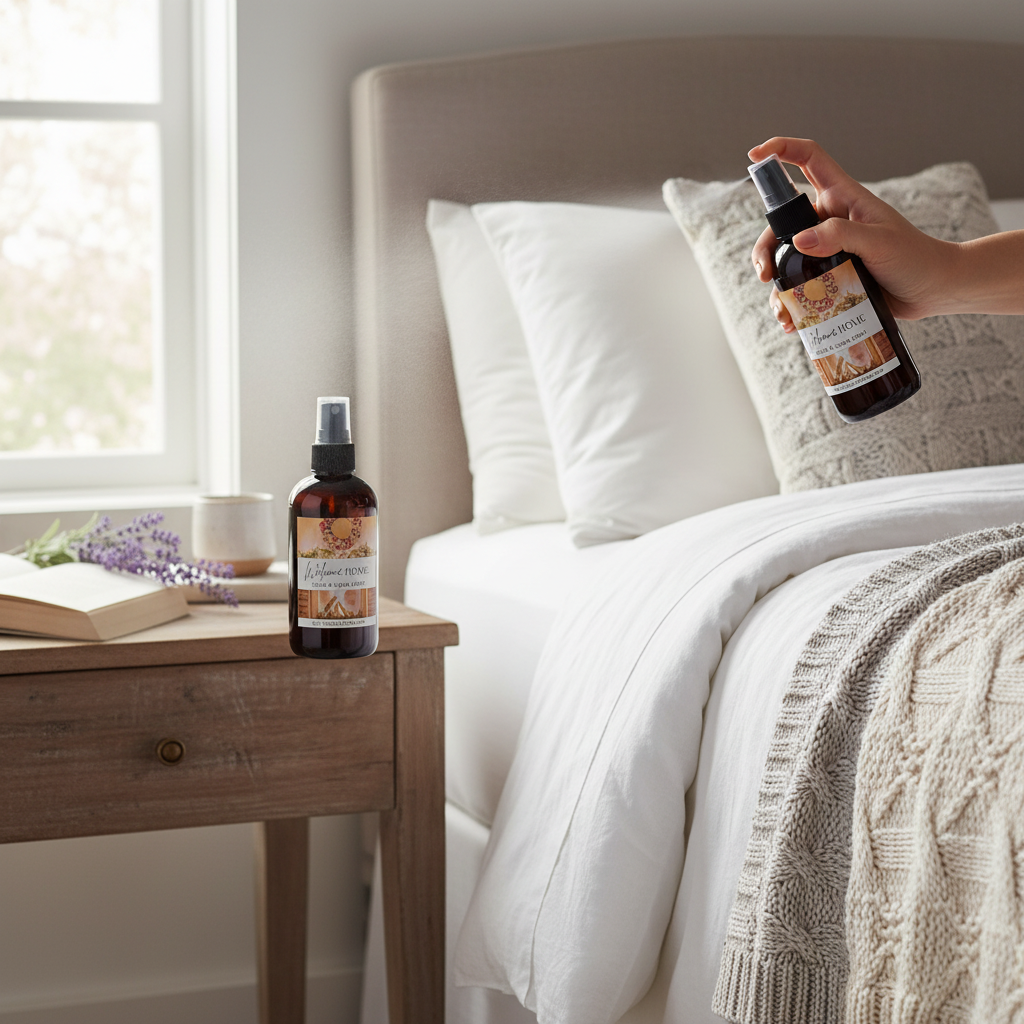 Doodlations Coffee Bar & Boutique Welcome Home room and linen spray in amber bottles on a cozy bedroom nightstand.