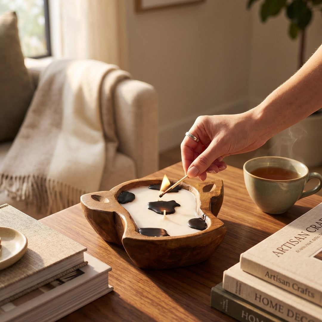 Doodlations Coffee Bar & Boutique white wooden cow head dough bowl candle with black accents, hand-poured wax.