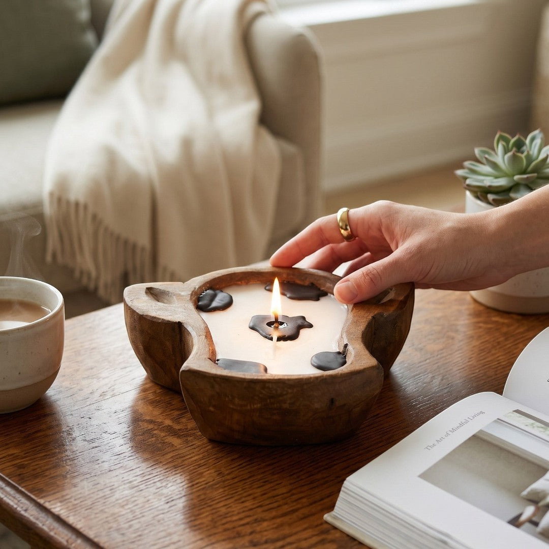 Doodlations Coffee Bar & Boutique white wooden cow head dough bowl candle with dark accents and a lit wick.
