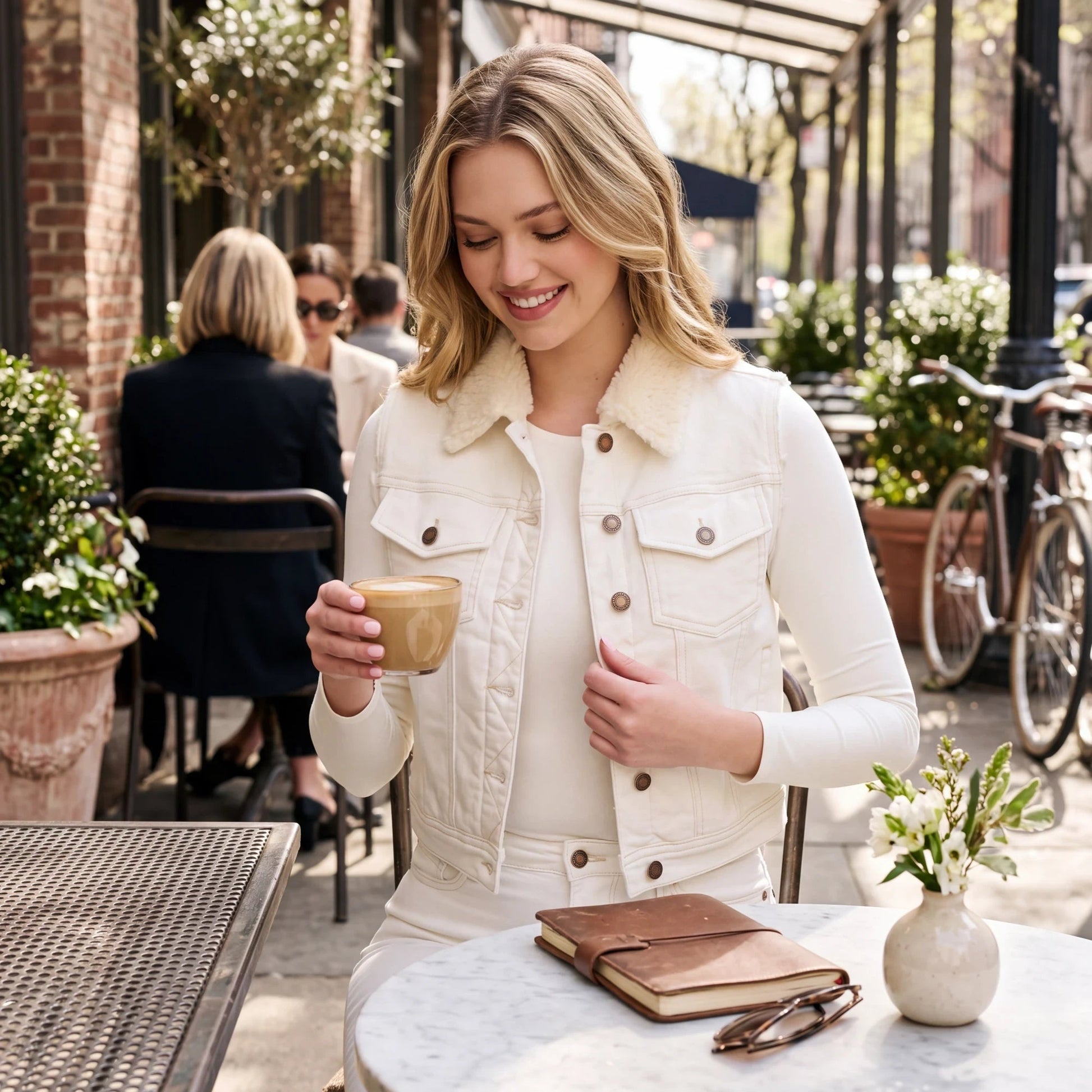 Doodlations Coffee Bar & Boutique Judy Blue white denim vest with shearling lining worn by a woman at a cafe table