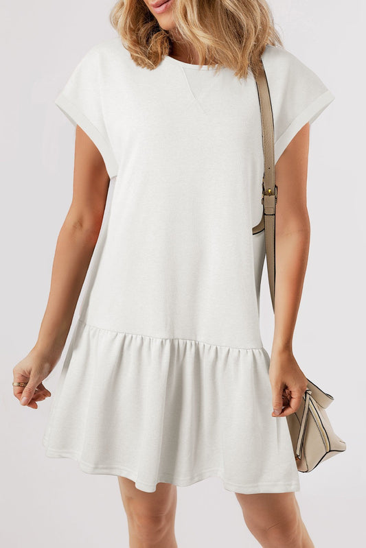 Doodlations Coffee Bar & Boutique white tiered hem t-shirt dress with short sleeves and crew neck.