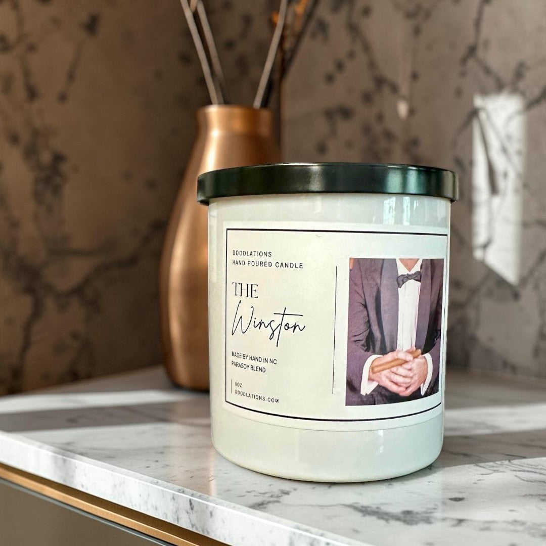 Doodlations Coffee Bar & Boutique The Winston hand-poured soy blend candle with sweet tobacco, honey, amaretto, and oak notes.