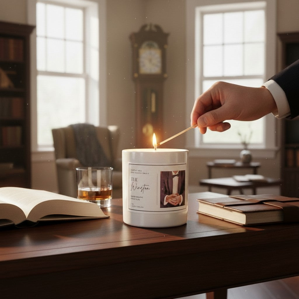 Doodlations Coffee Bar & Boutique The Winston luxury candle being lit on a wooden desk in a cozy study.