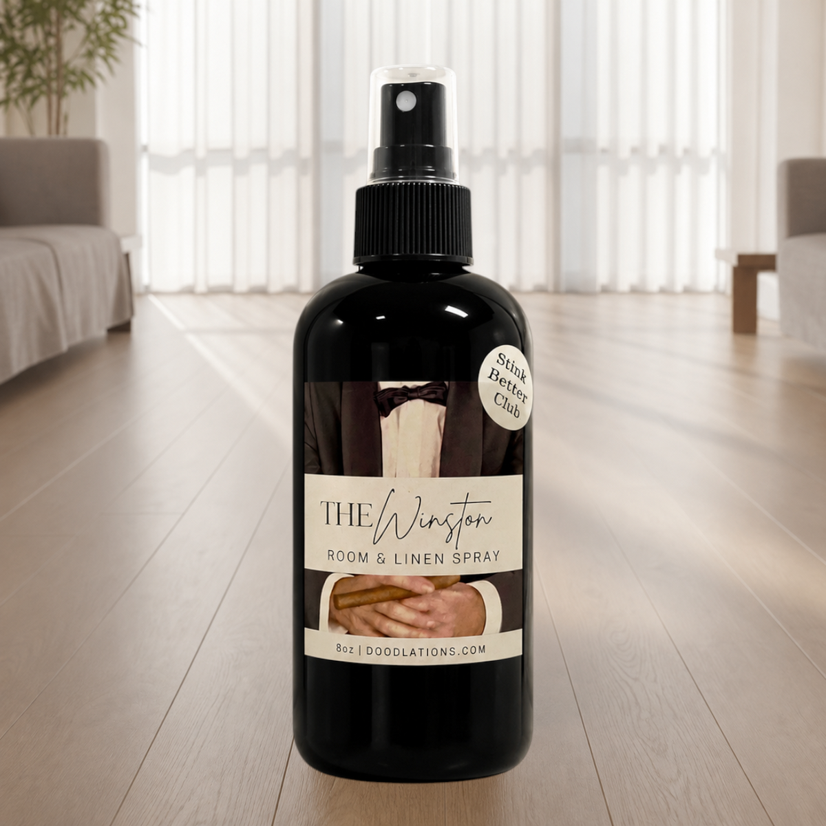 Doodlations Coffee Bar & Boutique The Winston luxury room and linen spray in a black bottle with a sophisticated label