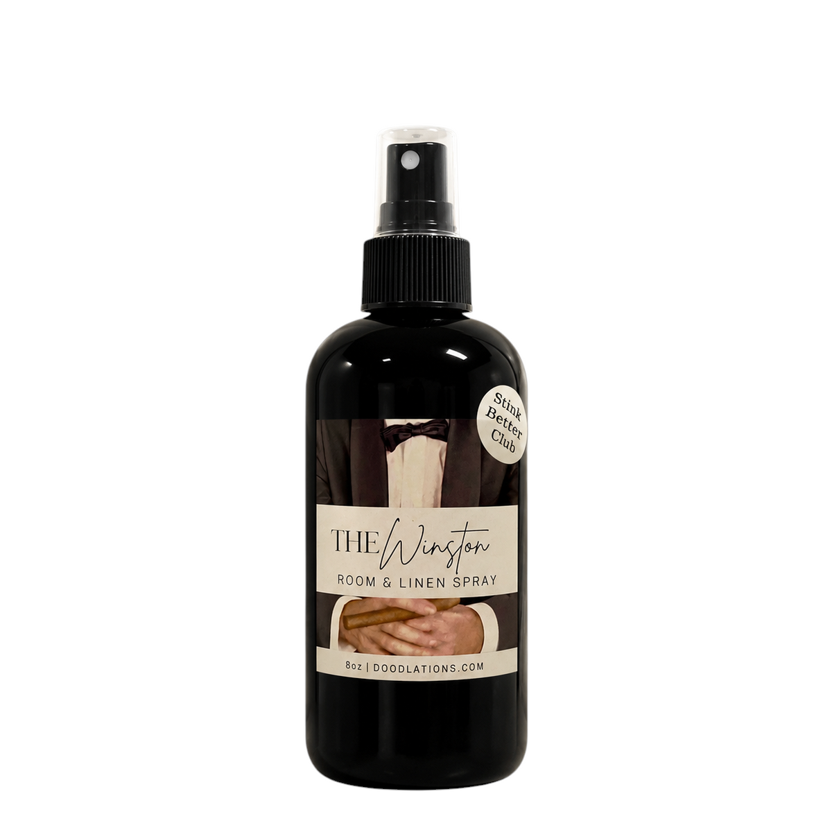 Doodlations Coffee Bar & Boutique The Winston luxury room and linen spray in a black 8oz bottle with a tuxedo label.