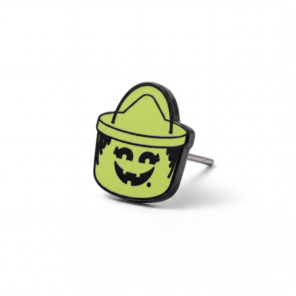 Doodlations Coffee Bar & Boutique retro Halloween witch bucket stud earring in lime green acrylic with titanium post.