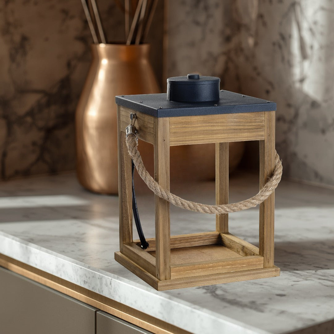 Doodlations Coffee Bar & Boutique wood and rope candle warmer lantern with black top and silver accents.