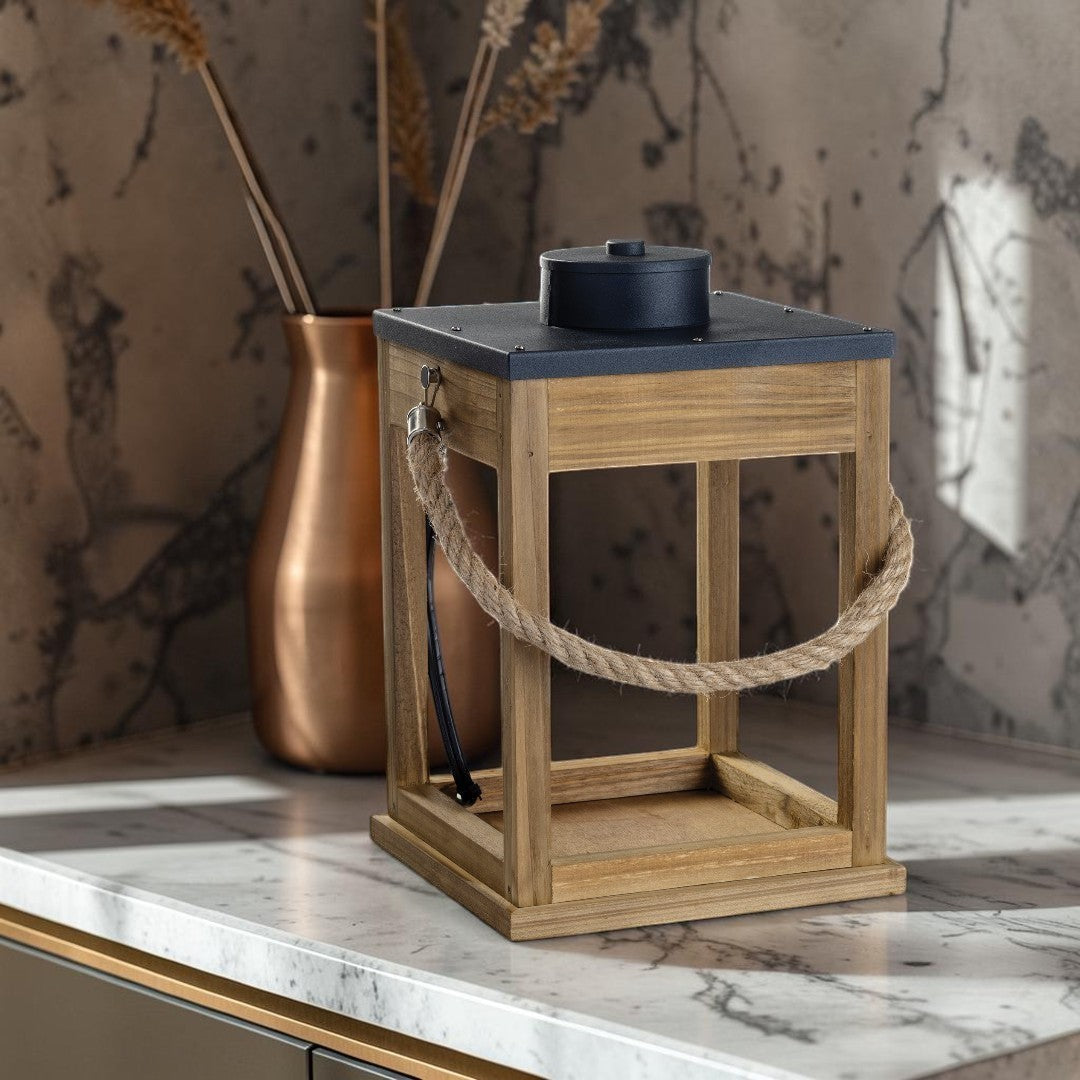 Doodlations Coffee Bar & Boutique wood and rope candle warmer lantern with black top and silver accents.