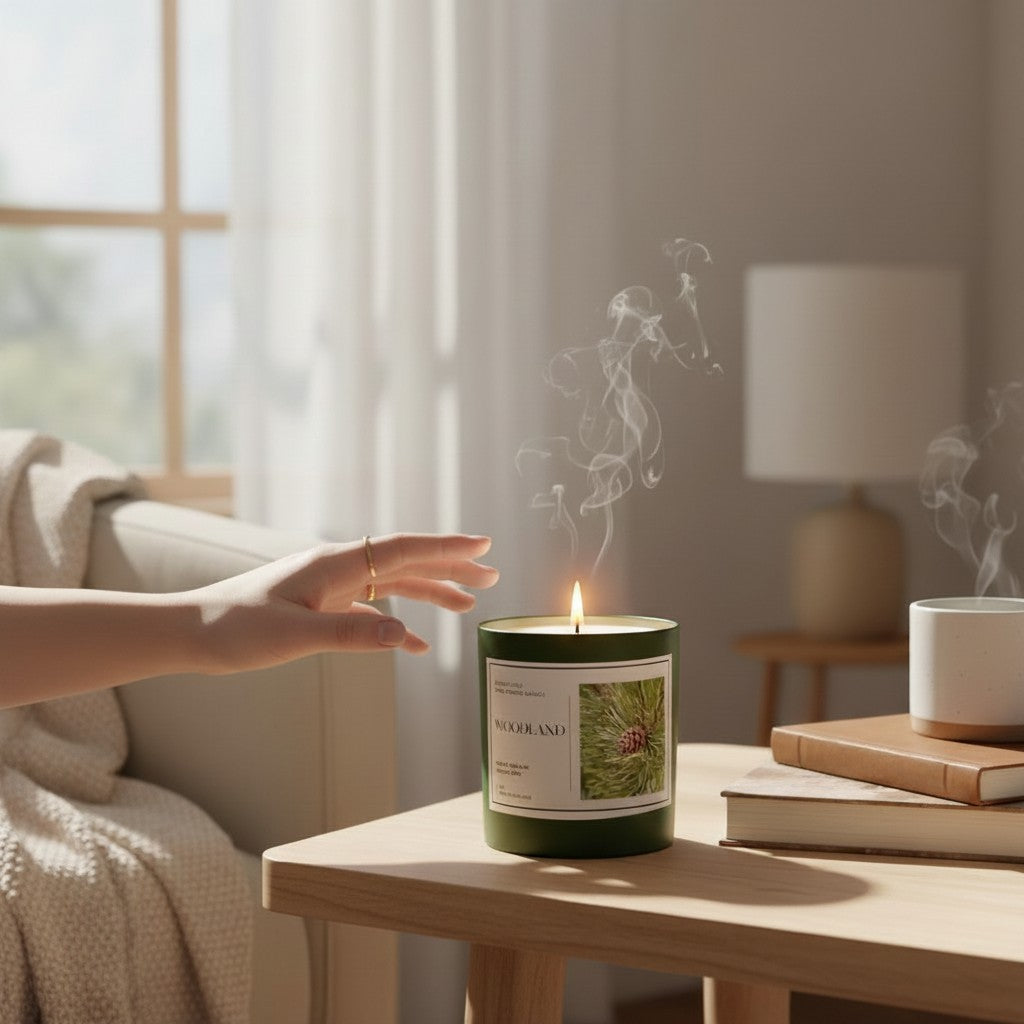 Doodlations Coffee Bar & Boutique Woodland candle in a dark green jar with pine label, emitting smoke on a wooden table.