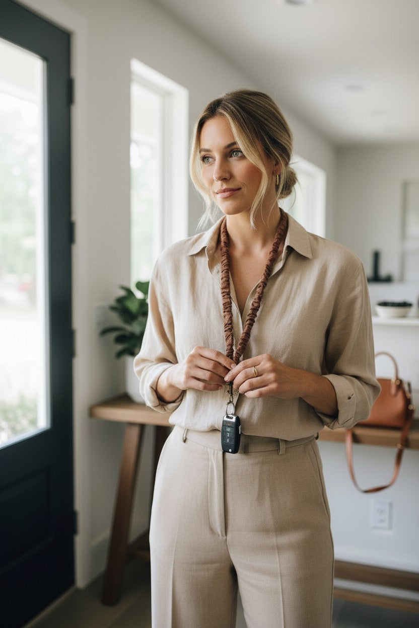 Woman wearing a Doodlations Coffee Bar & Boutique light brown textured fabric Woodland Lanyard with a car key fob