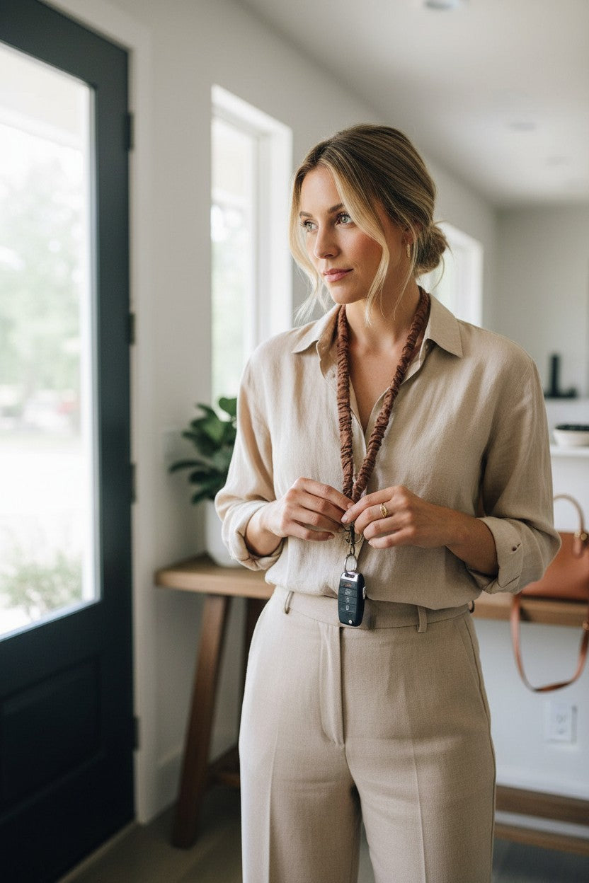 Doodlations Coffee Bar & Boutique Woodland Lanyard in light brown textured fabric worn by a woman in a neutral outfit