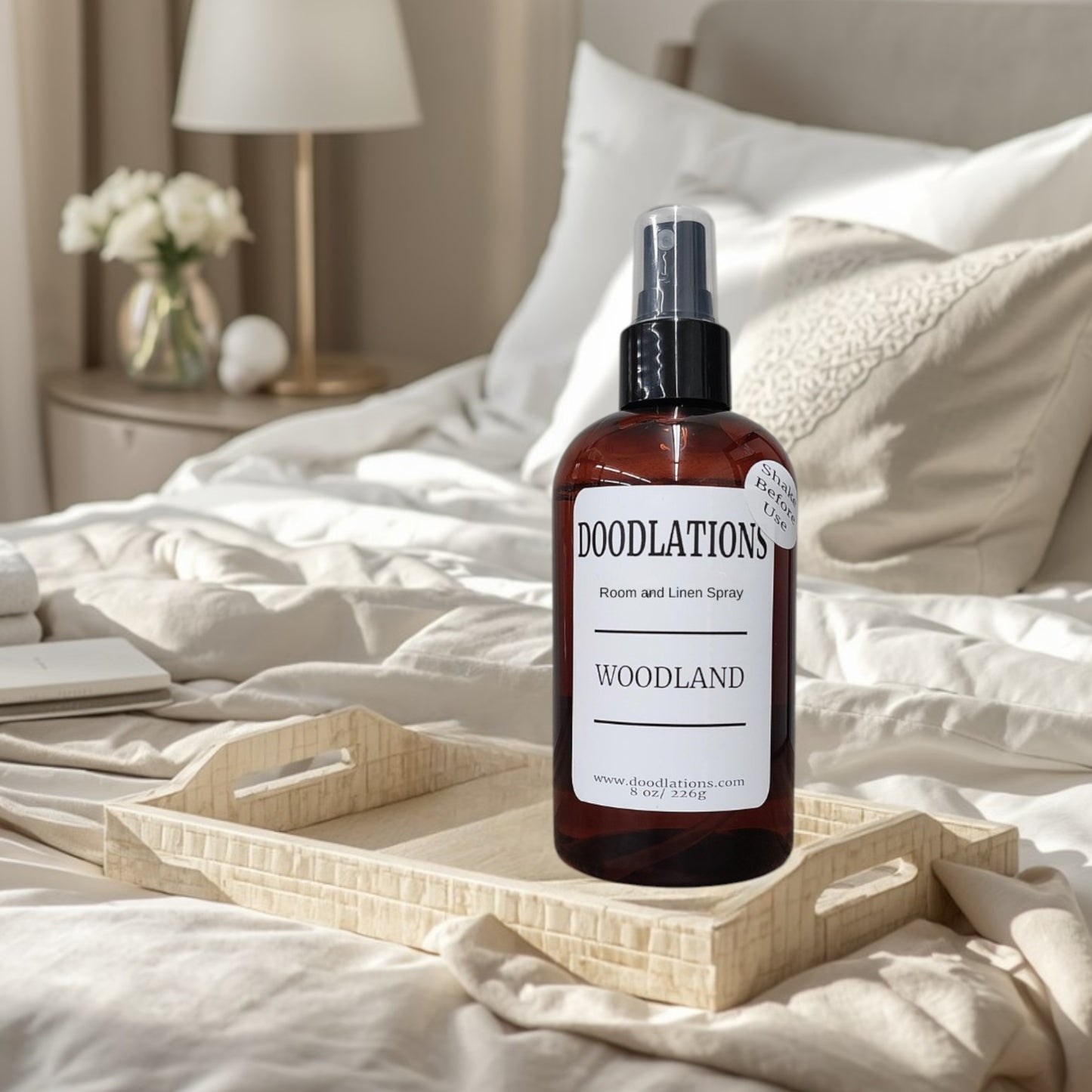 Doodlations Coffee Bar & Boutique Woodland room and linen spray in amber bottle with white label. 8 oz.