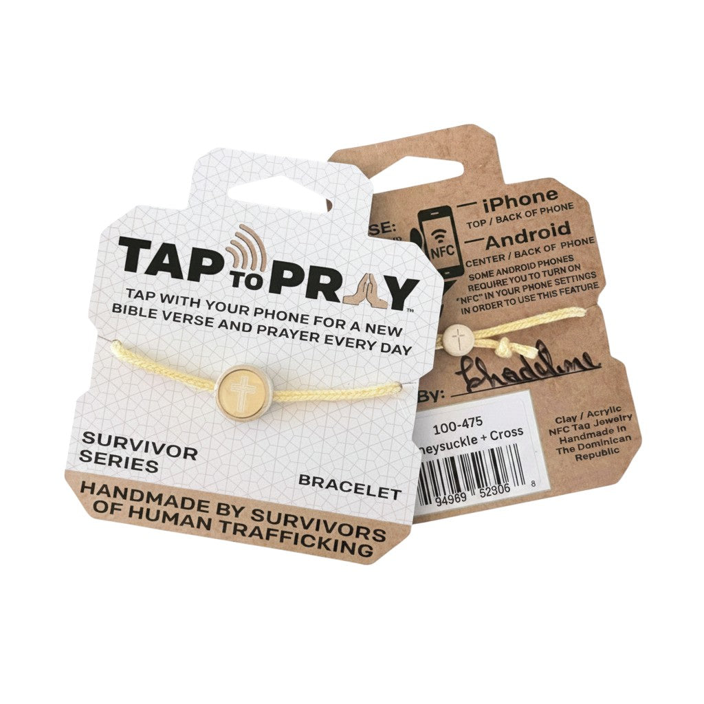 Doodlations Coffee Bar & Boutique yellow cord bracelet with a gold cross charm and NFC chip for daily Bible verses.