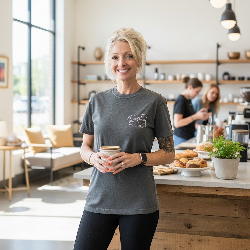 Doodlations Coffee Bar & Boutique charcoal grey cotton graphic tee with minimalist logo, worn by a smiling woman holding a coffee mug.